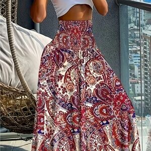 High Waisted Bohemian Paisley Maxi Skirt - Red and Blue
